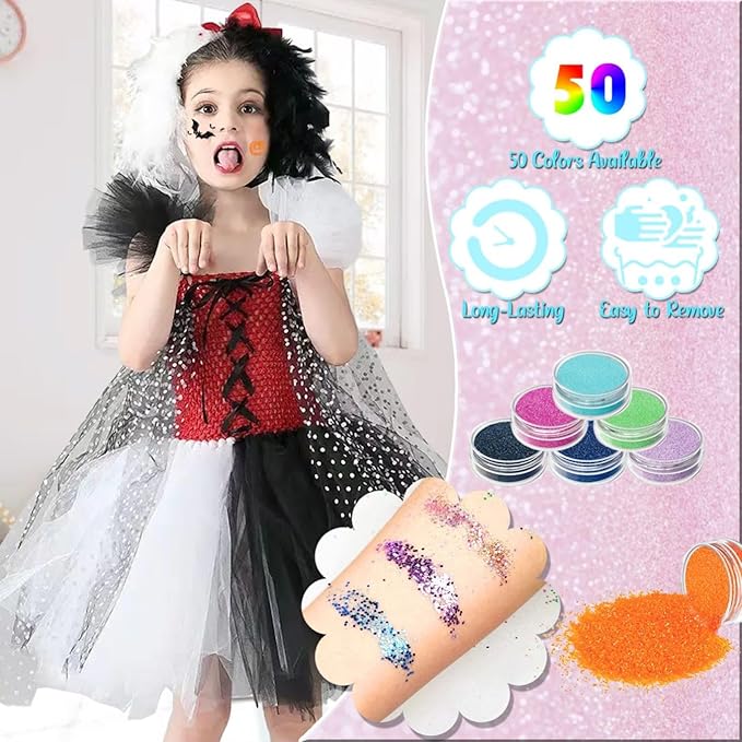 TEUVO Glitter Tattoo Kit for Kids, 50 Glitter Colors, 199 Stencils, 2 Gem Stickers, 4 Glue, 5 Brushes Body Face Arts Glitter Makeup Temporary Tattoos for Girls Halloween Christmas Birthday Party Gifts