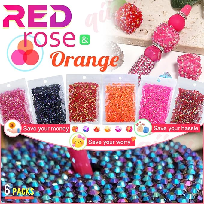 6 Bags Colorful Rose & Red Series Resin Rhinestones for Bedazzling Crafting 3mm 4mm 5mm Mix Flatback Stones Gems Diamonds for Nails Face Eyes Makeup DIY Crafts Tumblers Bottles Clothing Phones