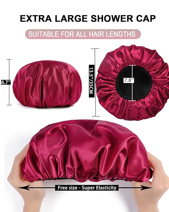 YIZIJIZI Triple Layer Reusable Waterproof Shower Cap for Women Large Terry Lined Hair Cap for Long Thick Hair Travel Bath Care Red