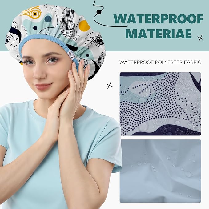 Years Calm Evil Eye Shower Caps for Women Reusable Waterproof, Pattern and Solid Color Dual-Layer Design, Hair Cap for Shower with Elastic Band, Fits Braids, Dreadlocks & Long Hair (Blue)