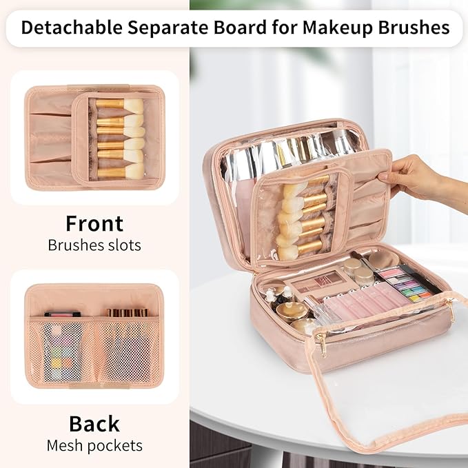OCHEAL Makeup Bag, Makeup Travel Bag Large Capacity Cosmetic Organizer with Makeup Brush Compartment & Handle for Women Girls Travel Toiletry Accessories-Rose Gold