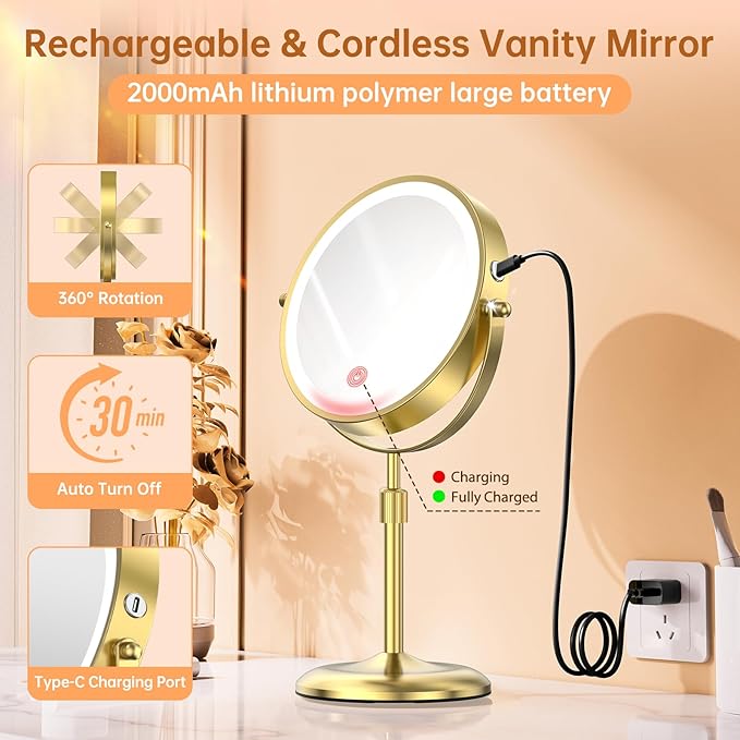 Gospire 7" Lighted Makeup Mirror with Magnification 10X/1X, Height Adjustable & 3 Color Dimmable Lights, 360° Swivel Double Sided Light up Rechargeable LED Cosmetic Vanity Cordless Standing Mirror