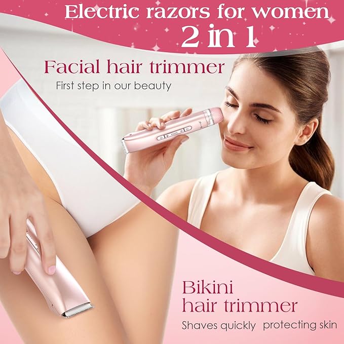 2 in 1 Bikini Trimmer for Women Dual Head Electric Razors IPX7 Waterproof Wet & Dry Use, Electric Shaver for Women Private Area Facial Body Underarm Leg Arm Hair Remover for Pubic Hair