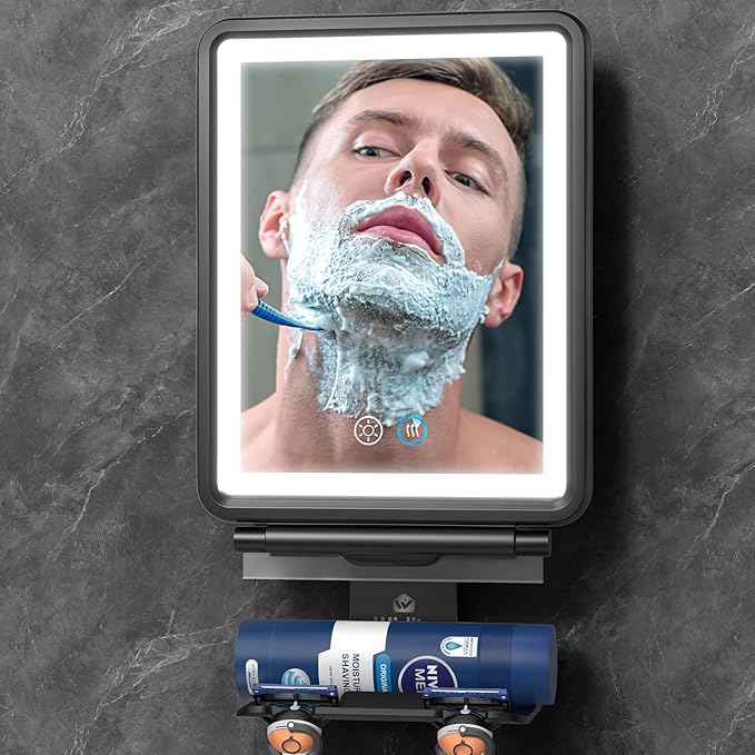 Heated Shower Mirror Fogless for Shaving, 3 Color Dimmable Lights Shower Mirror Fogless, Rechargeable Anti-Fog Shaving Mirror with Razor Holder, Storage Tray, Squeegee