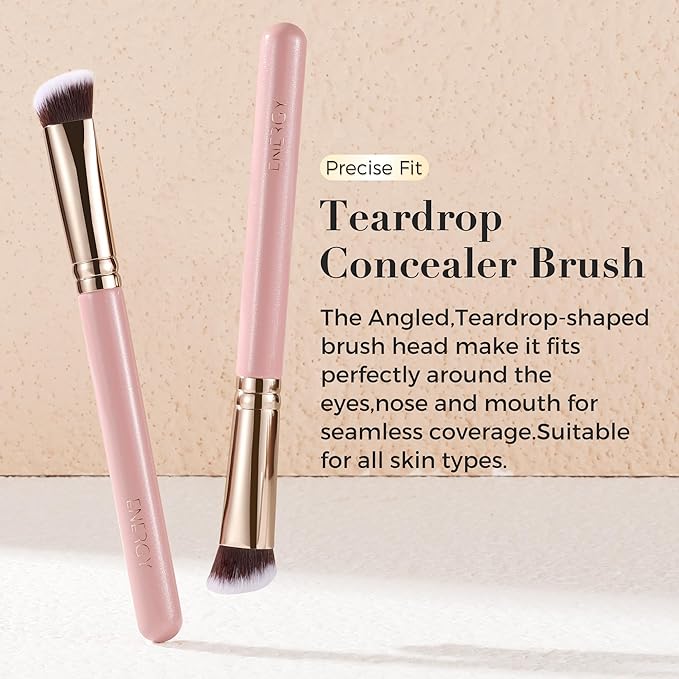 ENERGY Concealer Brush,Professional Under Eye Makeup Small Angled Precision Face Blending Brush-Liquid Cream Foundation Concealer for Dark Circles,Make Up Nose Contour Applicator Vegan (Teardrop,Pink)