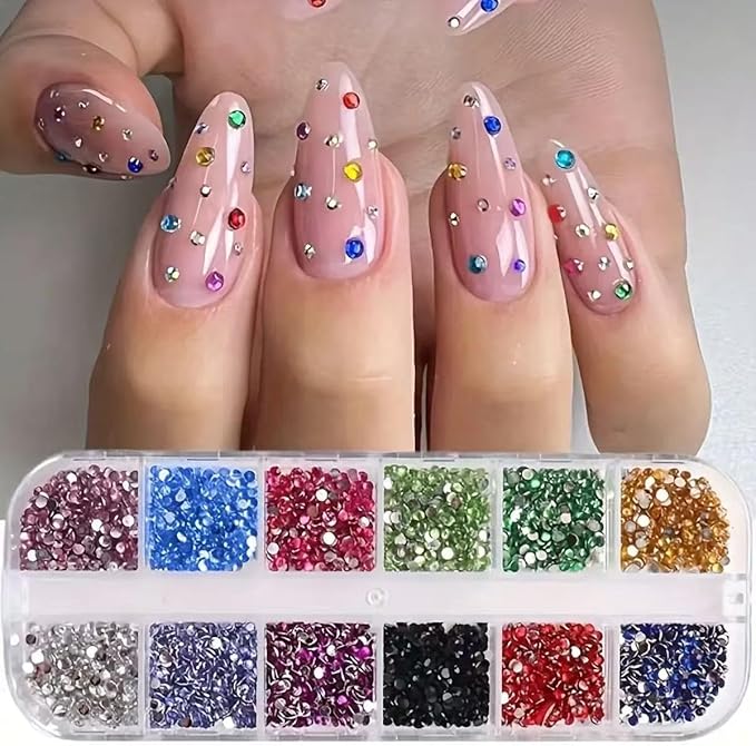 24Grid Shiny Colorful Nail Art Rhinestones 3D Flatback Rhinestones Pearl Nail Charms and Crystals Gems Nail Accessories for Acrylic Nail Tips Manicure Decor