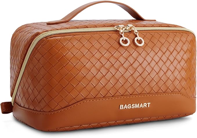 BAGSMART Makeup Bag, Travel Cosmetic Bag Organizer, PU Leather Water-Resistant Pouch, Open Flat Makeup Storage for Toiletries, Brushes, PU Leather Brown