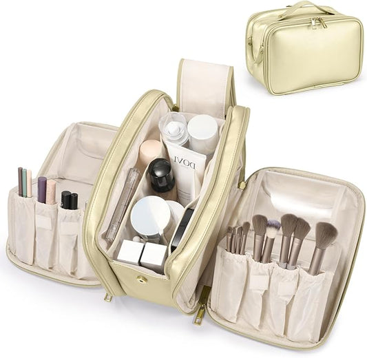 Travel Makeup Bag Women's Large Capacity Cosmetic Portable Organizer Large Opening Waterproof Storage Toiletry Bags Vertical Free-Standing Brush Holder for Easy Access Gold