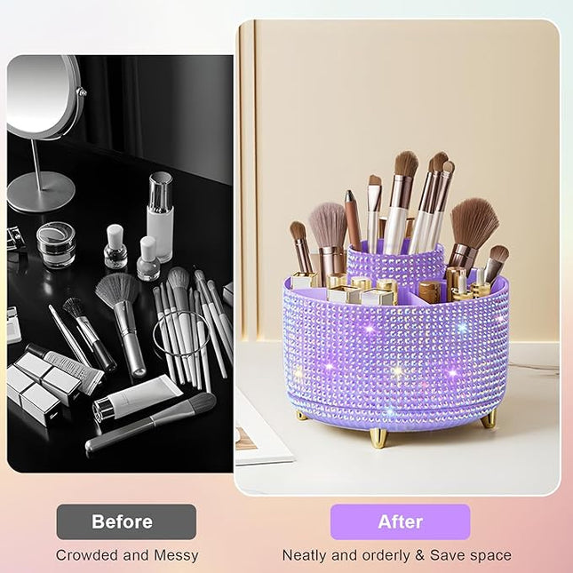 Diesisa Bling Diamond 360° Makeup Brush Holder Organizer, Rotating Makeup Brush Organizer,5 Slot Make up Brushes Cup for Cosmetics, Vanity Desktop Organizer, Gift for Women Teen Girls- Diamond Purple