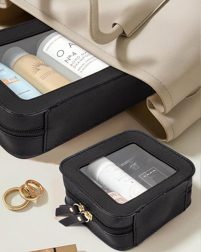 2 Pcs Travel Clear Makeup Bag Set, Clear White Makeup Organizer with Zipper Leather Travel Bags for Toiletries Small Cosmetic Bags for Women Mini Make up Pouch Toiletry Bags Car Essentials