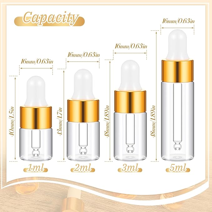100 Pcs Mini Glass Oil Dropper Bottle Bulk, Clear Essential Small Empty Bottles Sample Containers Perfume Liquid Vials with Cap for Traveling (1ml,2ml,3ml,5ml,Gold)