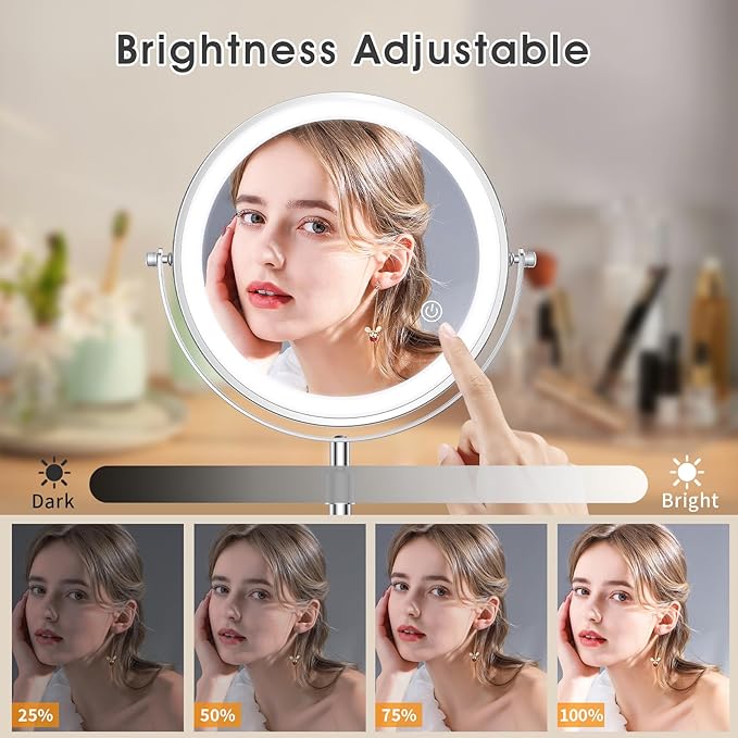 MILPROX 8 Inch Makeup Mirror with 10X Magnification & 3 Color Lights, Adjustable Brightness & Height, Rechargeable Double Sided 1X 10X Magnifying Mirror, Lighted Makeup Mirror Touch Sensor - Silver