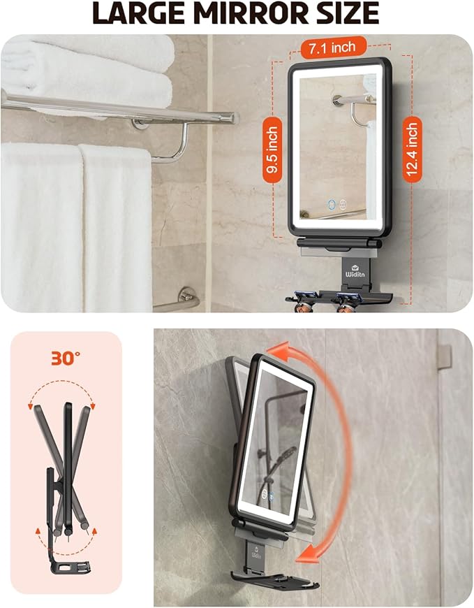 Heated Shower Mirror Fogless for Shaving, 3 Color Dimmable Lights Shower Mirror Fogless, Rechargeable Anti-Fog Shaving Mirror with Razor Holder, Storage Tray, Squeegee