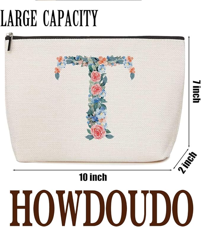 Initial Makeup Bag Monogrammed Travel Toiletry Bag Monogram Cosmetic Bag Birthday Christmas Bridal Shower Bridesmaid Gifts Personalized Gifts for Women Bride Teacher Sister, Floral Letter T