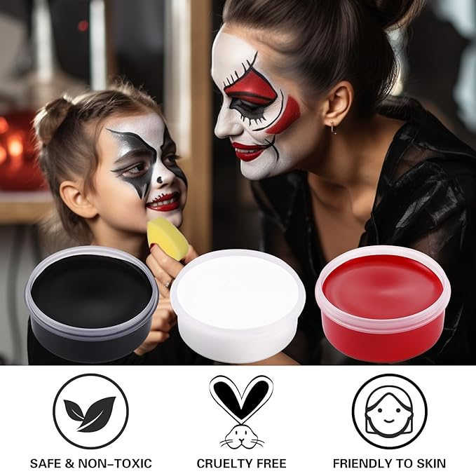 BOBISUKA White Black Red Face Body Paint with 3PCS Sponges Face Painting Kit for Adult Large Capacity Oil Based Paints Palette For Halloween Makeup Clown Joker Devil Cosplay SFX Costume Party