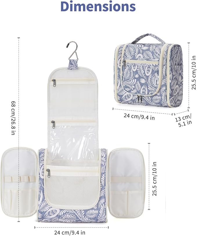 Narwey Hanging Toiletry Bag for Women Travel Makeup Bag Organizer Toiletries Bag Men for Cosmetics Essentials Accessories(Large, Blue Leaf)
