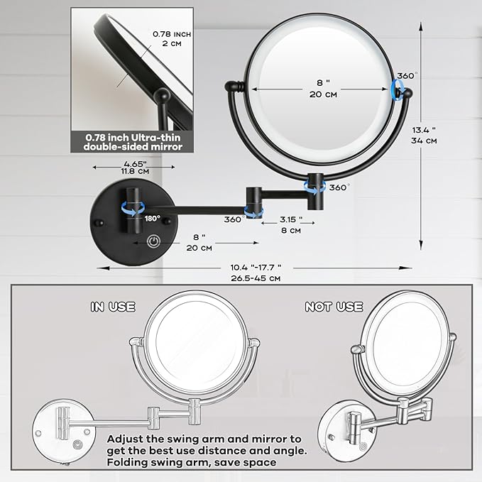 Rechargeable Bathroom Makeup Mirror with Light Wall Mounted, Brass 1/5X 2 Sided Magnifying Mirror with Extension Swing Arm, Touch Dimmable 360 Rotation Foldable Led Vanity Mirror, Matte Black