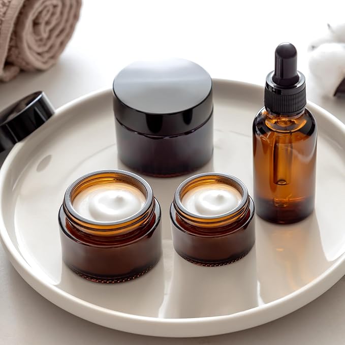 2 Oz Amber Round Glass Jars with Inner Liners and Black Lids(12PCS) Empty Cream Containers Refillable Cosmetic Vials for Cosmetics, Lotions, Ointment, Body Scrubs & Balms