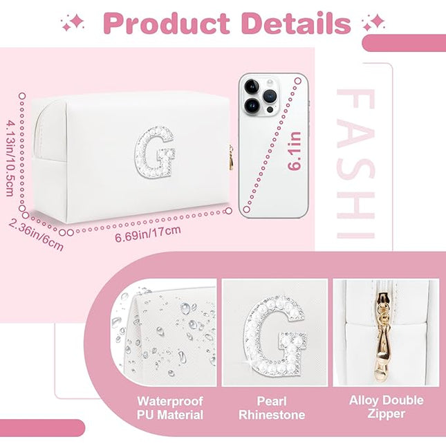 Bride Gifts – Personalized Initial Makeup Bag with Pearl Rhinestone Patch, Preppy White Monogram Cosmetic/Toiletry Pouch, bridesmaid Gifts, Bridal Shower Gifts, Wedding Gifts, Bridal Gifts,G