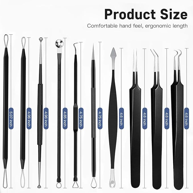 Professional Pimple Popper Tool Kit,10 PCS Blackhead Remover Tweezers,Extractor Acne Removal Kit for Easy Removal for Pimples,Comedone Extractor Tools for Removing Zit,Acne Removal Kit (Black)