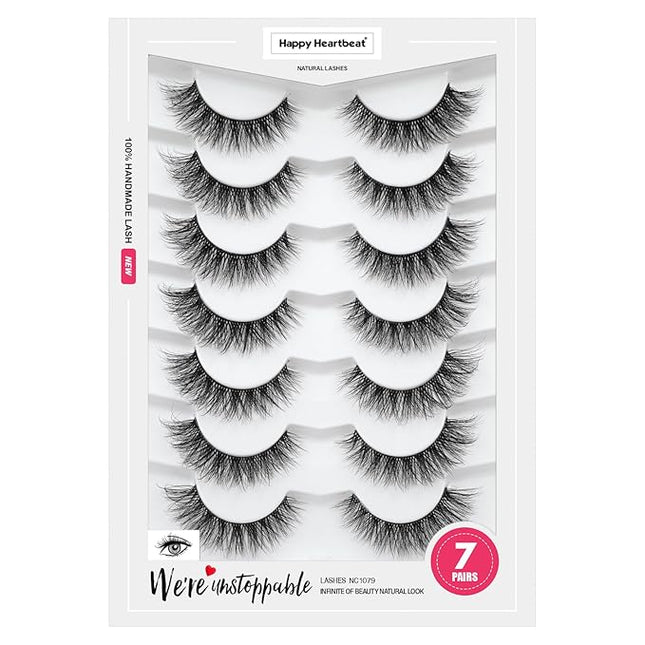 Happy Heartbeat 3D Clear Band Lashes 14mm Natural Soft Faux Mink Lashes C/D Curl Cat Eye Wispy Fake Eyelashes Short Cross Reusable False EyeLashes 7 Pairs (No.200)
