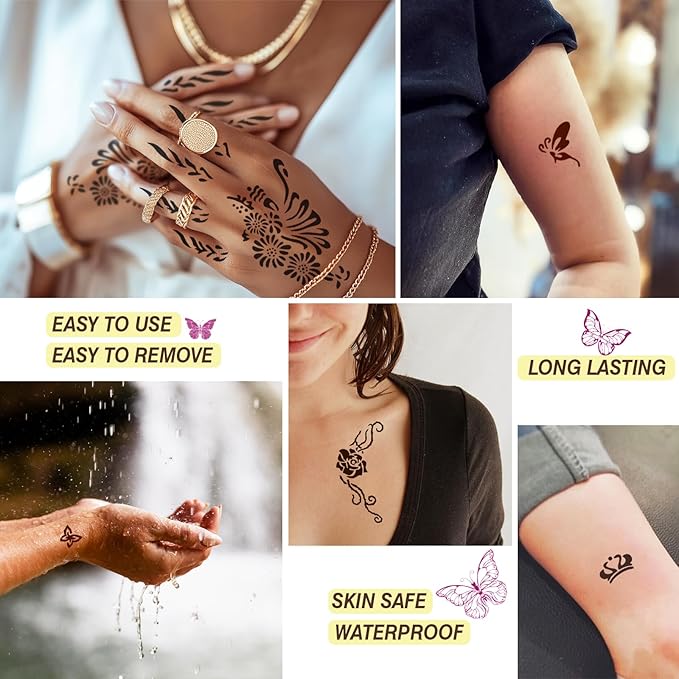 126 PCS Temporary Tattoos Stencils Kit,Temporary Tattoos Kit - 6 Pcs 2 Color(Brown Black) Ink with Gloves,DIY Body Art Painting for Women Men Adults Kids