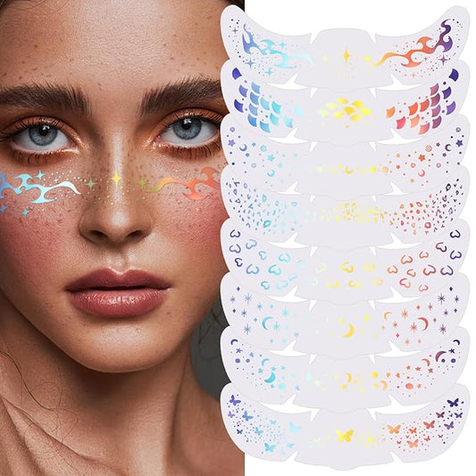 8PCS Glitter Freckles, Glitter Freckles Face Tattoo, Sparkle Freckles for Women and Kids, Cute Star Waterproof Gold Temporary Face Tattoos Glitter Glow Up Patches (8PCSG Holographic Multicolor)