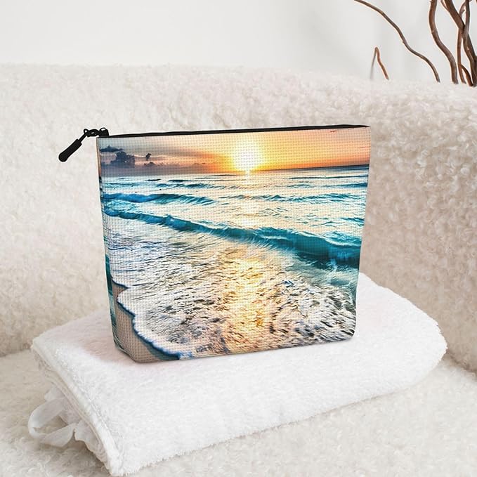 MOLAIGIN Beach Ocean Sun Set Landscape Cosmetic Bag For Women, Travel Makeup Bag, Toiletry Zipper Bag, Large Capacity Aesthetic Cases