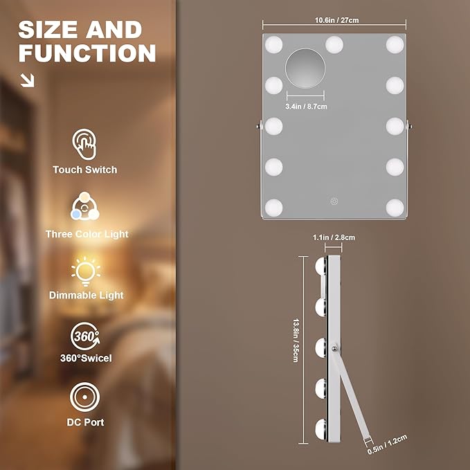MINISO Vanity Mirror with Lights - 11" x 14" Hollywood Makeup Mirror with Adjustable Brightness,3 Modes Light, 360°Rotation