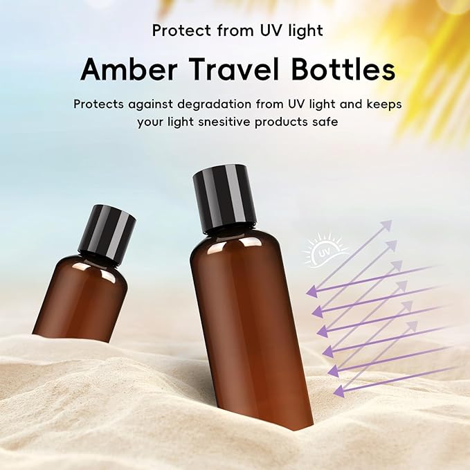 TUZAZO 10 Pack 3.4 oz Amber Plastic Travel Bottles for Toiletries TSA Approved Leakproof Travel Size Containers Empty Small Plastic Shampoo Lotion Bottles with Labels