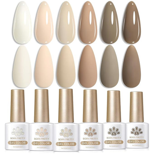 BORN PRETTY Nude Gel Nail Polish,Cream Beige White,Nude,Khaki,Brown,Chocolate Neutral Skin Tone Gel Polish Kit Soak Off Nail Art Manicure DIY Design Collection for Home and Salon