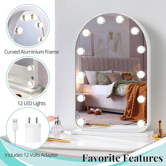 LUXFURNI Vanity Mirror with Lights, 24.5" x 15.8" Arched LED Makeup Mirror, Lighted Hollywood Mirror with Lights, Smart Touch Control Dimmable 3 Modes Light, White