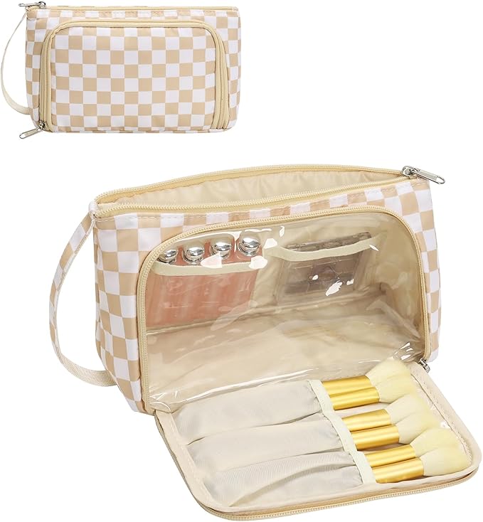 Checkered Makeup Bag Travel Cosmetic Toiletry Bag Make Up Bags with Makeup Brush Organizer Compartments for Women Girls