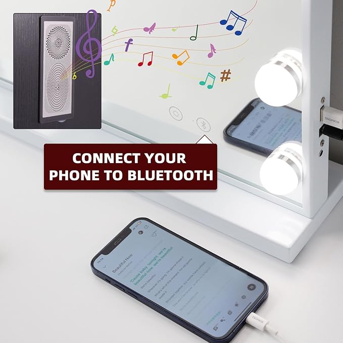 VANITII Vanity Hollywood Mirror with Lights Speaker USB Charging Lighted Makeup Mirror with Bulbs 3 Lighting Modes and Desktop Light up Mirror for Bedroom Dressing Room