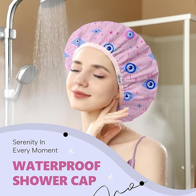 Years Calm Evil Eye Shower Caps for Women Reusable Waterproof, Pattern and Solid Color Dual-Layer Design, Hair Cap for Shower with Elastic Band, Fits Braids, Dreadlocks & Long Hair (Pink)