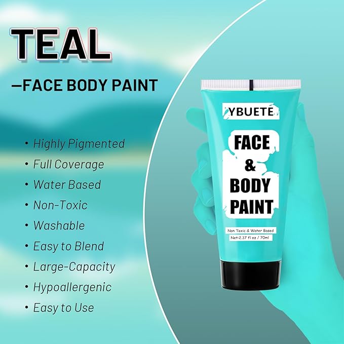 Teal Water Based Face Body Paint, 2.37 OZ Large Tube Full Coverage Face Paint for Avatar Corpse Bride Cosplay Makeup,Washable Teal Body Painting for Adult Costume Party Halloween SFX Makeup