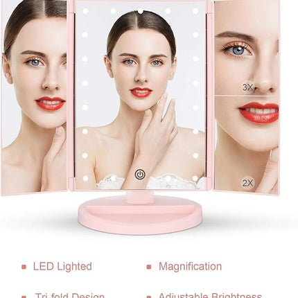 deweisn Tabletop Mount Tri-Fold Lighted Vanity Mirror with 21 LED Lights, Touch Screen and 3X/2X/1X Magnification, Two Power Supply Modes Make Up Mirror,Travel Mirror