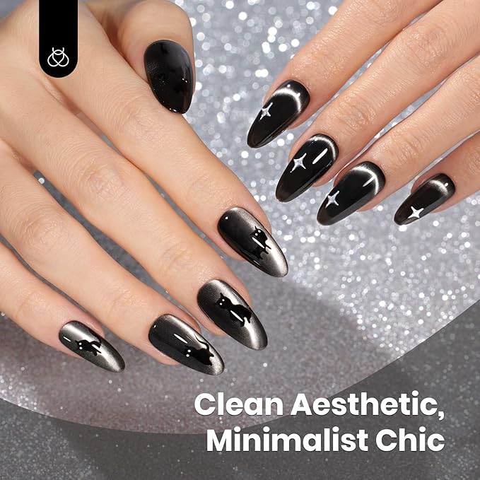 Beetles Black Cat Eye Gel Polish, 15ML Black Glass Cat Eye Glitter Gel Polish with Magnet Shimmer Translucent Sheer Color Soak Off UV Midnight Sands Series French Nail Art Dsign Gift for Women