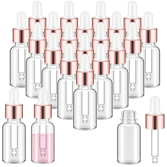 100 Pcs Mini Glass Oil Dropper Bottle Bulk, Clear Essential Small Empty Bottles Sample Containers Perfume Liquid Vials with Cap for Traveling (15 ml,Rose Gold)