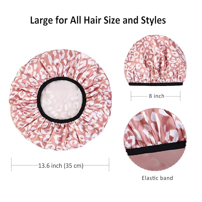 2-Pack Reusable Waterproof Shower Caps for Women, Double-Layer Elastic Bath hat,Extra Large Hair Cap for Long Curly Hair（White, Pink）
