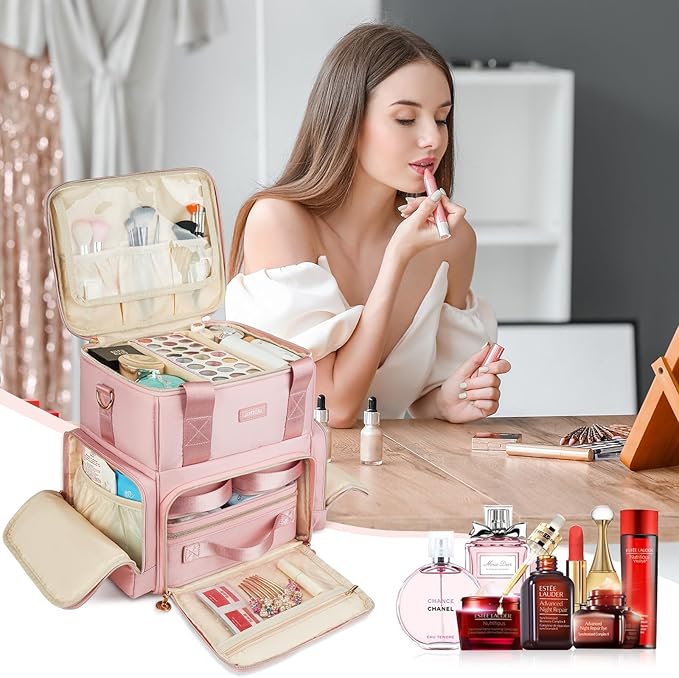 Extra Large Makeup Bag,4 in 1 Cosmetic Storage Organizer Travel Case with Detachable Pouches and Dividers,Pink