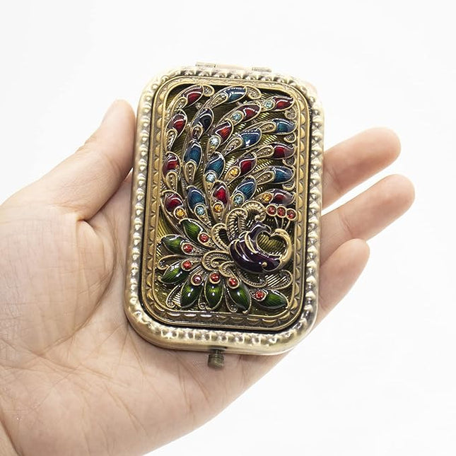 Warmtree Vintage Makeup Mirror Metal Portable Foldable Mirror Peacock Vanity Mirror Double Sided Compact Cosmetic Mirror Travel Mirror (B)