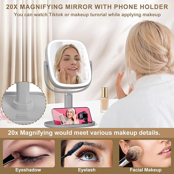 Mocado Makeup Mirror with Lights, 1X/20X Magnifying Mirror with Light, Vanity Mirror with 3 Colors Lights, Height Adjustable Lighted Makeup Mirror, Double Sided 360°Rotation, Memory Function (Grey)