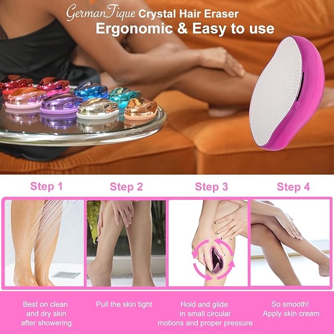 Crystal Hair Eraser,Natural Crystal Hair Remover,Reusable Painless Nano Glass Hair Removal Device Without Shaver,Gentle Crystal Epilator and Exfoliator for Soft Silky Skin(Hot Pink)