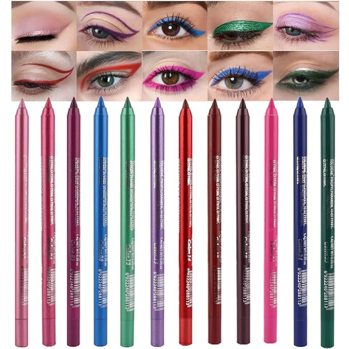 Kaely 12Pcs Glitter Gel Eyeliner Pencil Set for Women, Color Colorful Eye Liner Waterproof Smudge Proof, High Pigmented Eye Makeup Liners, lapiz de ojos delineador de ojos contra el agua, 02