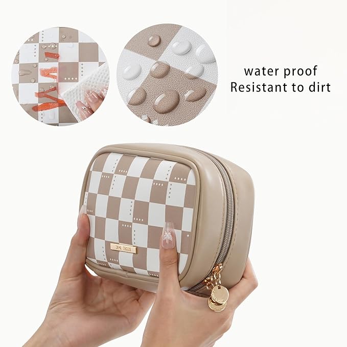 RIGHT AWAY Checkered Makeup Bag for Purse,Small Cosmetic Bag Organizer for Women, Travel Make Up Pouch Waterproof Toiletry Bag Cute Makeup Case for Travel Accessories(Khaki Checkerboard)