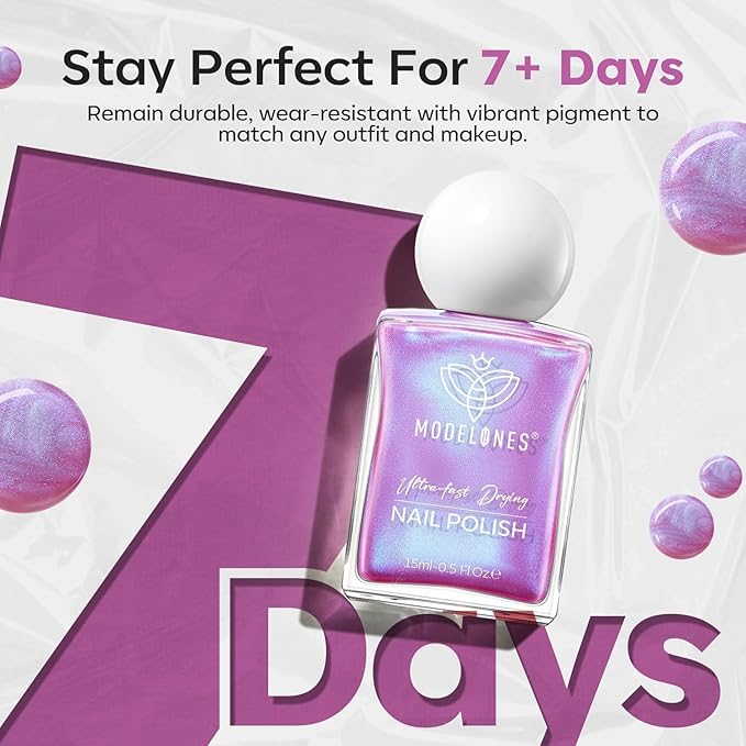 modelones Chrome Purple Nail Polish, 15 ml Quick Dry Nail Polish Mermaid Iridescent Shimmer Pearl Purple Nail Lacquer Long Last Shine Nail Art DIY Home Manicure Gift for Women Girls 0.5 Fl Oz