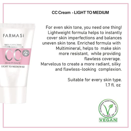 FARMASi CC Color Control Cream, Natural and Flawless Finish, Enriched Formula with Multimineral & Spf 25+, All-Day Hold, All Skin Types, 1.7 fl. oz, Light to Medium