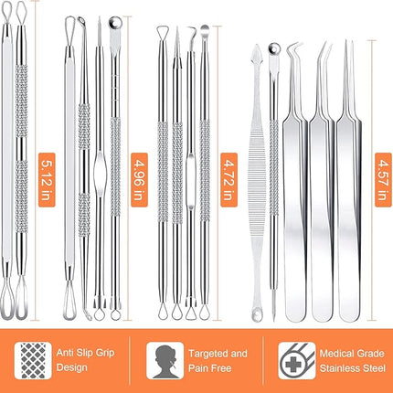 Pimple Popper Tool Kit, IUMAKEVP 15 PCS Professional Stainless Steel Blackhead Remover Comedone Extractor Tools for Removing Zit on Face - Acne Removal Kit with Metal Case (Silver)