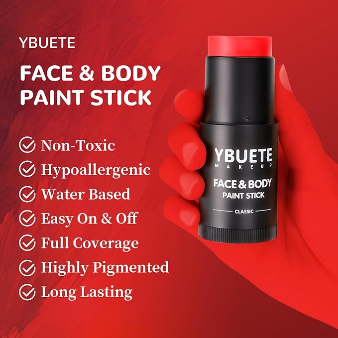 Red Face Body Painting Stick, Full-coverage Cream Professional Washable Face Paint for Halloween SFX Devil Clown Vampire Zombie Goth Cosplay Makeup for Adult Costume Party & Stage Performance